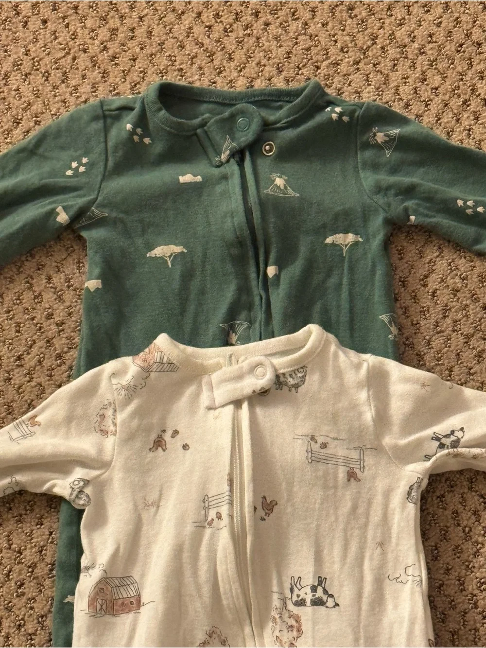 Carter's Green and Cream Footed One-Piece Sleepers with Nature & Farm Prints